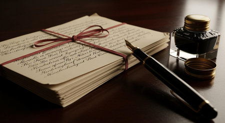 Old fountain pen and book on a wooden table. Retro style.