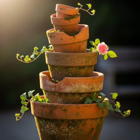 Flowerpot with green leaves and a pink rose in the gardenの写真素材