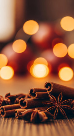 Cinnamon sticks and star anise on a wooden table with bokeh backgroundの写真素材