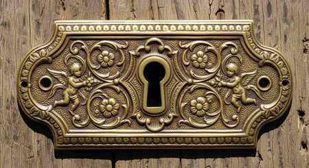 Keyhole on a wooden door, detail of an old door handle
