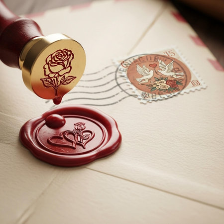 Vintage stamp and wax seal on old envelope. Selective focus.の写真素材