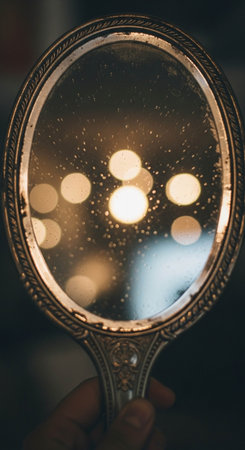 Vintage hand mirror with bokeh background, vintage filter.の写真素材