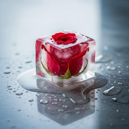Ice cube with red rose on reflective surface. Shallow depth of field.の写真素材