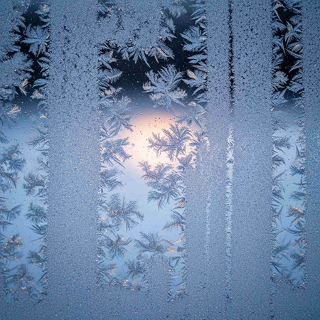 Frosty natural pattern on winter window. Abstract winter background.の写真素材
