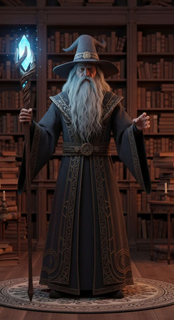 Old wizard with long gray hair and a beard in a black coat and a hat stands in a library.の写真素材
