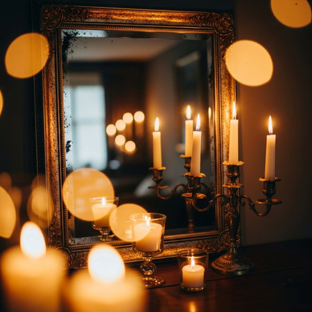 Candles burning in the mirror. Candles on the table.の写真素材