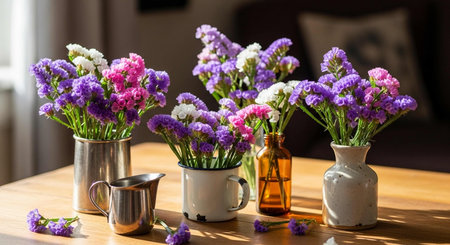 purple and white statice flowers in vase on wooden tableの写真素材
