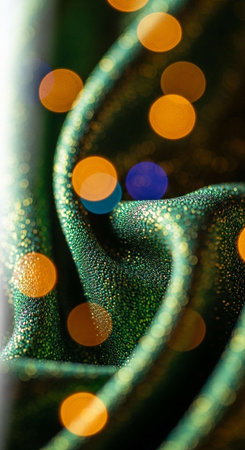 green velvet fabric with bokeh lights as background, close upの写真素材