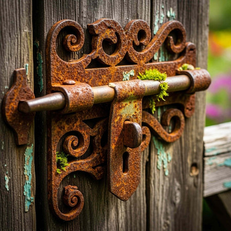 Old rusty door handle on wooden gate with green moss on it.の写真素材