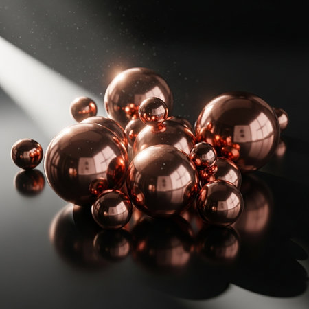 Metallic spheres on a black reflective background. 3d render illustration.