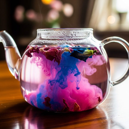 Colorful ink in a glass teapot on a wooden tableの写真素材
