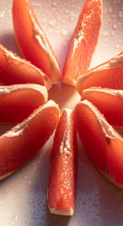 Slices of red grapefruit on a white background with water dropsの写真素材