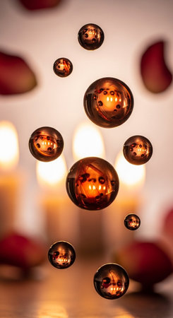 Candles falling into water with bokeh effect, close upの写真素材