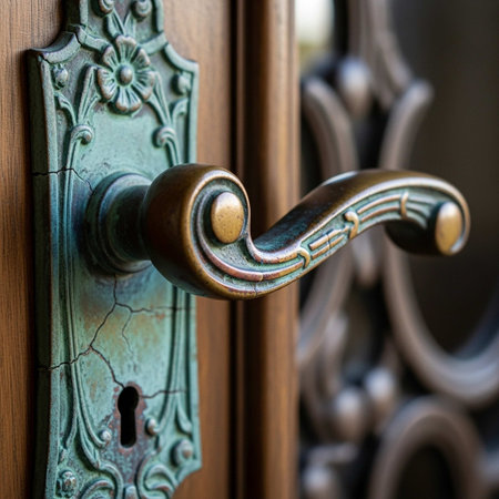 Close up of a door handle with an ornament on the door.の写真素材