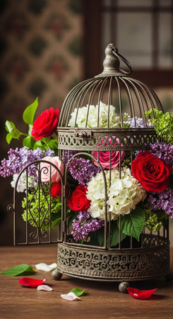 Bouquet of flowers in metal birdcage on wooden backgroundの写真素材