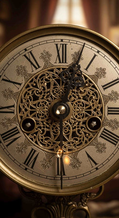 Close up of a clock face showing almost twelve o'clock.