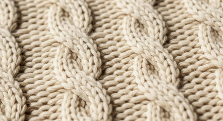 Close up of beige knitted fabric as background. Macro.