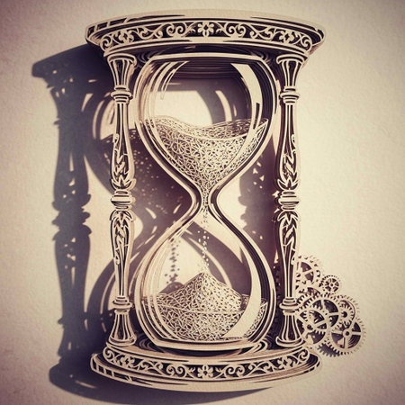 Vintage hourglass with shadow on white wall. Time concept.の写真素材