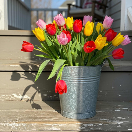 Colorful tulips in a bucket on a wooden terrace.の写真素材