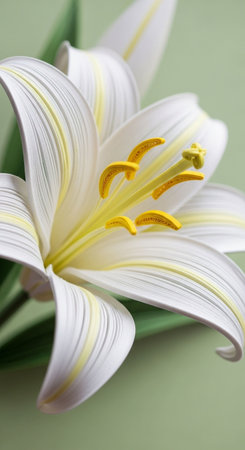 White lily with yellow stamens on a green background.の写真素材