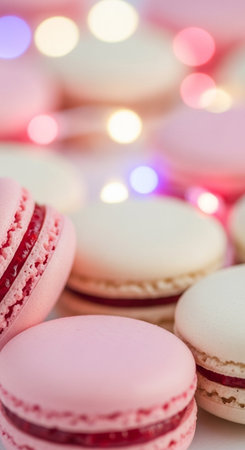 Macaroons in pink and white with bokeh background.の写真素材