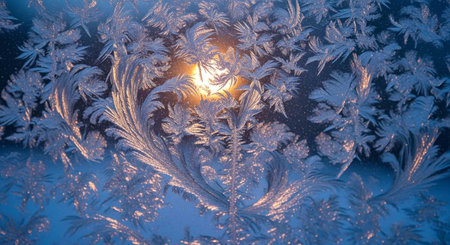 Frosty natural pattern on winter window. Abstract winter background.の写真素材