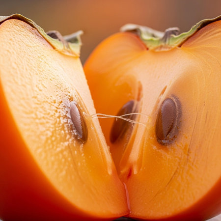 Ripe persimmon fruit cut in half on a light backgroundの写真素材