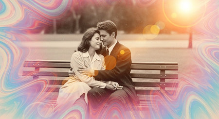 Couple in love sitting on a bench in the park. Double exposureの写真素材