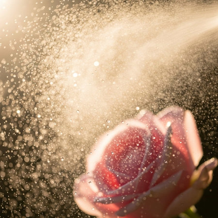 Beautiful pink rose with drops of water on a dark background.の写真素材