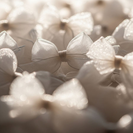 wedding background with white flowers and ribbons, soft focusの写真素材