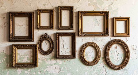Old wooden frames on the wall in the room, vintage style.の写真素材
