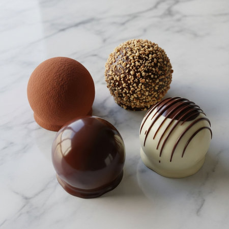 Chocolate truffles on white marble background, top view.の写真素材