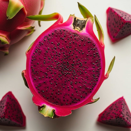 Dragon fruit cut in half on a white background. Close-up.の写真素材