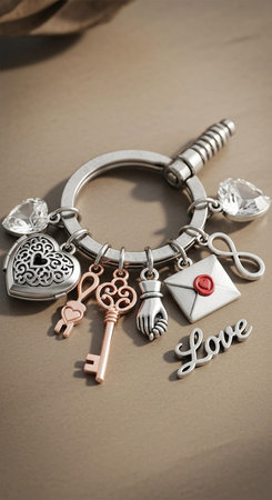 Keychain with a heart, keys and a keyhole on a brown background