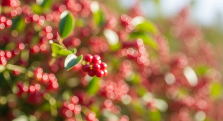 Red berries of viburnum in the garden. Shallow depth of fieldの写真素材