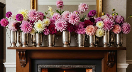 Fireplace with beautiful flowers in vases on wooden backgroundの写真素材