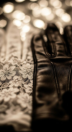 Black leather gloves and white lace on a background of bokehの写真素材