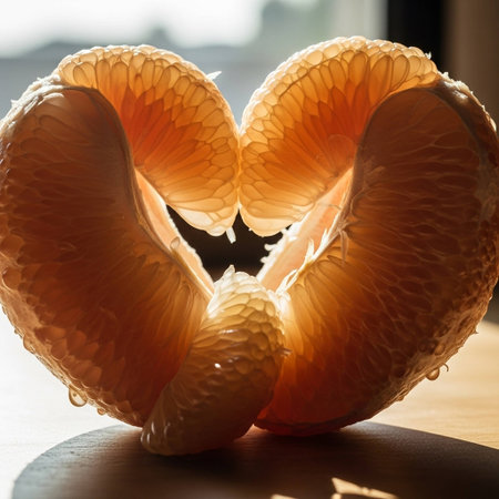 Two halves of a peeled tangerine on a wooden background.の写真素材