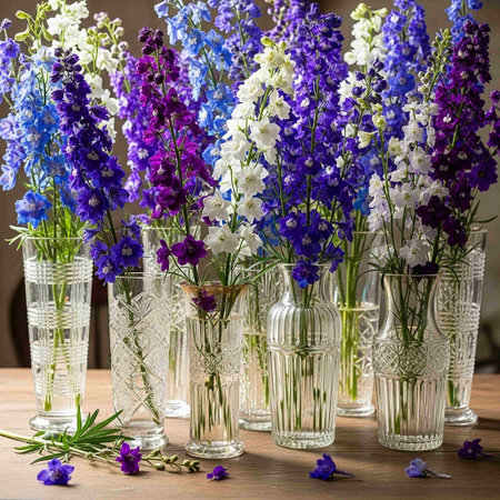 Blue and purple delphinium flowers in glass vases.の写真素材