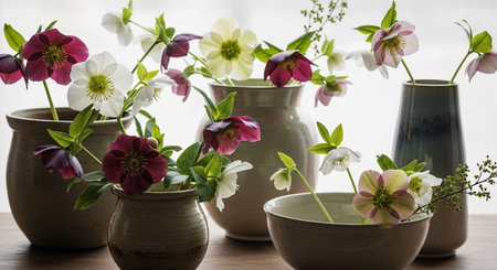 Beautiful hellebore flowers in clay vases on wooden tableの写真素材