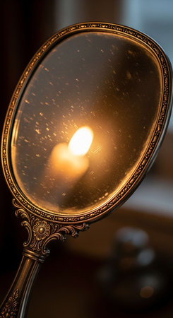 Vintage mirror with burning candle in the dark room, closeupの写真素材