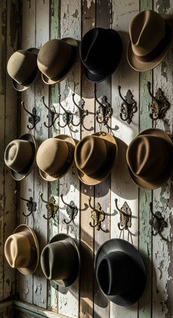 A group of old cowboy hats on a rustic wooden wall.の写真素材