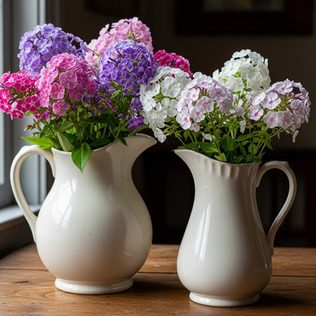 Beautiful flowers in vase on wooden tableの写真素材