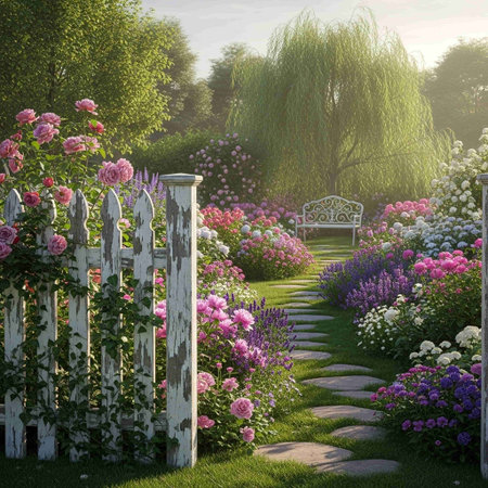 Beautiful garden with blooming flowers in the garden at sunset.