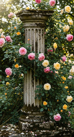 Old stone column in the garden with blooming yellow and pink rosesの写真素材