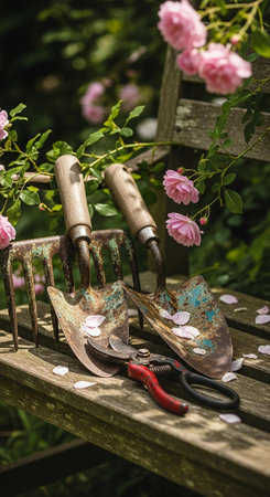 Garden tools on a wooden bench with pink roses in the backgroundの写真素材