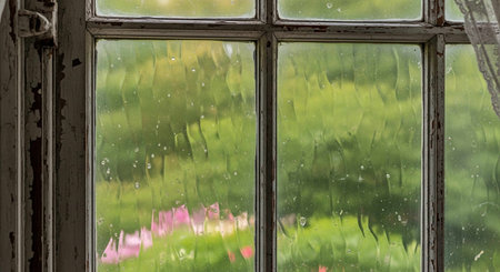 Raindrops on a window with green grass and flowers in the backgroundの写真素材