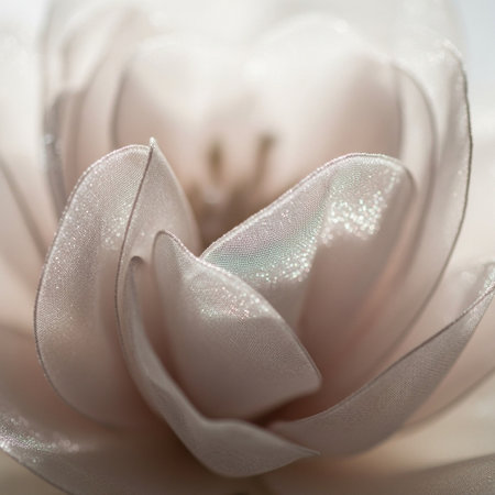 Close up of white satin fabric flower. Soft focus background.の写真素材