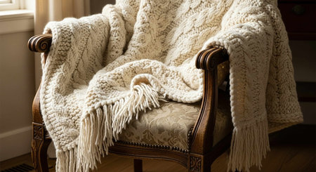 Cozy armchair with warm knitted plaid in living room