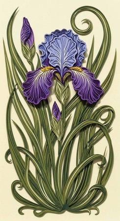Illustration of iris flower with leaves on a light background.の写真素材